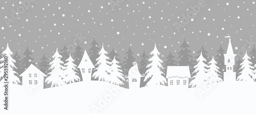Christmas background. Fairy tale winter landscape. Seamless border. There are white houses and fir trees on a gray background. Winter village. Vector illustration