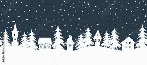 Christmas background. Fairy tale winter landscape. Seamless border. There are white houses and fir trees on a dark blue background. Winter village. Vector illustration