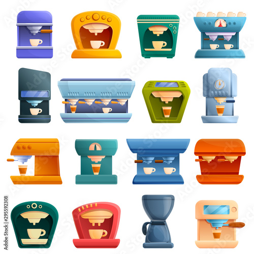 Coffee machine icons set. Cartoon set of coffee machine vector icons for web design