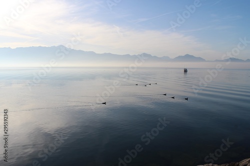 sunrise over the Geneva lake in Lausanne Switzerland