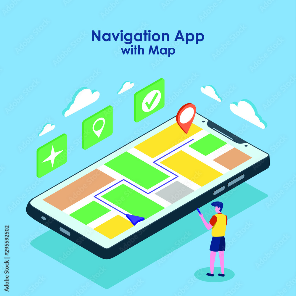 isometric map GPS navigation, Smartphone map application and red pinpoint on screen isometric map GPS navigation, Smartphone map application and red pinpoint on screen