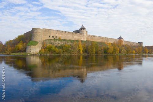 View of the ancient Ivangorod fortress in golden autumn. Ivangorod  Russia