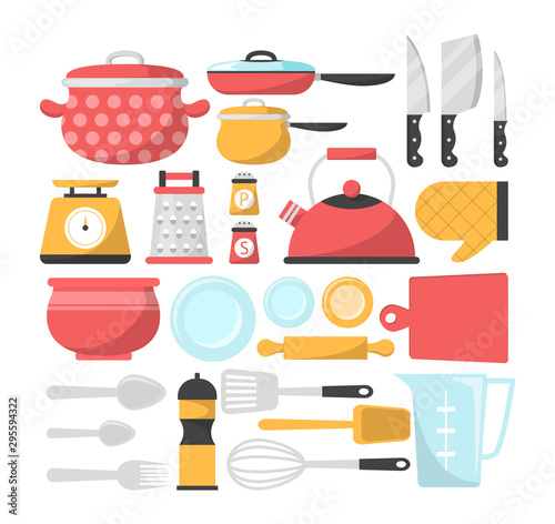 Kitchen utensil set vector isolated. Fork, knife, pan and plate