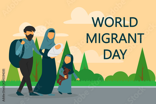 Refugee family walking on the road. World migrant day. War