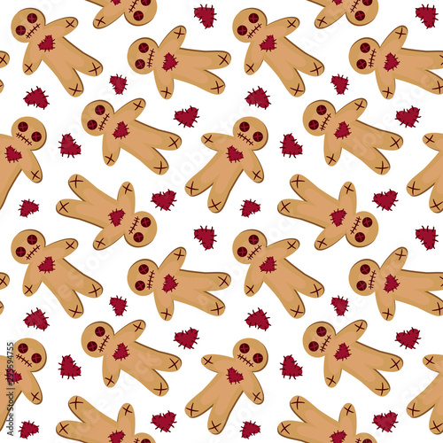 Vector seamless pattern with voodoo dolls. Isolated on white. Halloween background for greeting card, gift box, wallpaper, fabric, textile, package, web design.