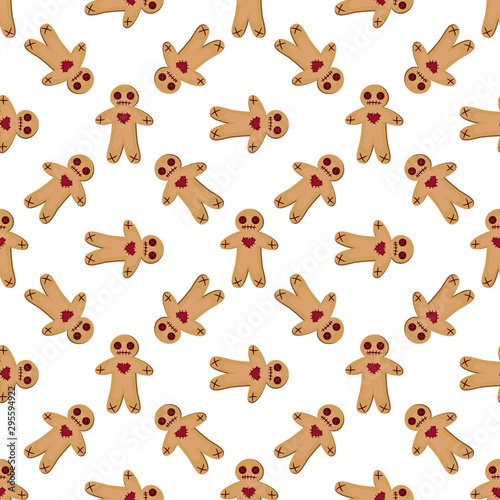 Vector seamless pattern with voodoo dolls. Isolated on white. Halloween background for greeting card, gift box, wallpaper, fabric, textile, package, web design.