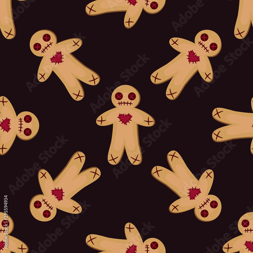 Vector seamless pattern with voodoo dolls on dark red background. Halloween background for greeting card, gift box, wallpaper, fabric, textile, package, web design.