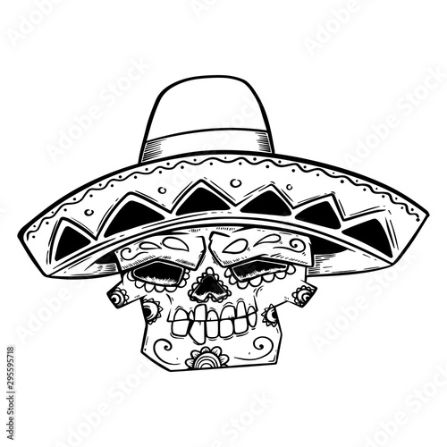 Illustration of mexican sugar skull in sombrero isolated on white background. Design element for logo, label, badge, sign. Vector illustration