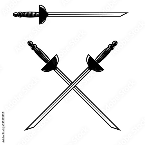 Crossed swords isolated on white background. Design element for logo, label, badge, sign. Vector illustration