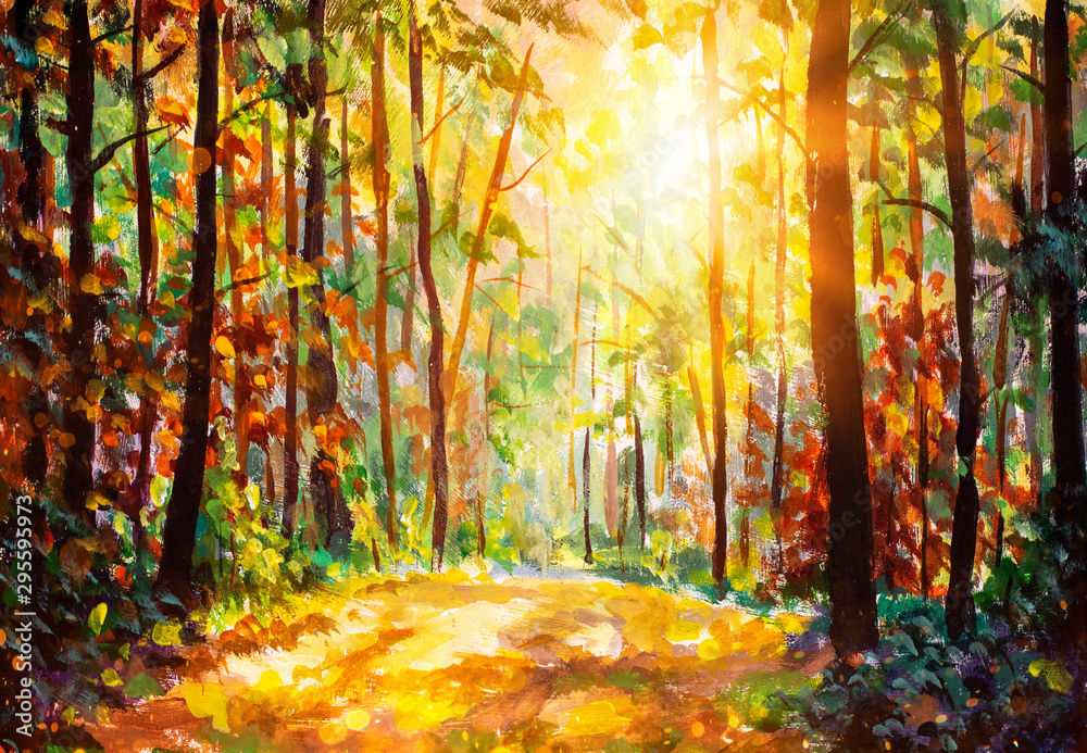 Plakat Oil painting Autumn forest nature. Vivid morning in colorful forest with sun rays through branches of trees. Scenery of nature with sunlight