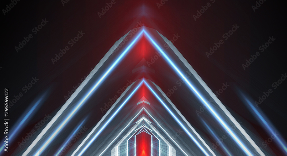 Fototapeta premium Abstract light tunnel, portal, corridor. Dark night scene neon background with rays and lines. Symmetric reflection.