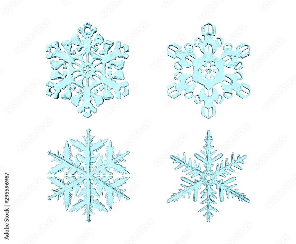 3d rendering set of realistic snowflakes isolated on a white background. Cartoon minimalistic toy style. 3d rendering set of realistic snowflakes isolated on a white background. Cartoon minimalistic toy style.
