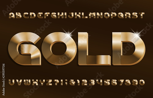 3D Gold alphabet font. Shiny golden letters and numbers in 70s style. Stock vector typescript for your design.