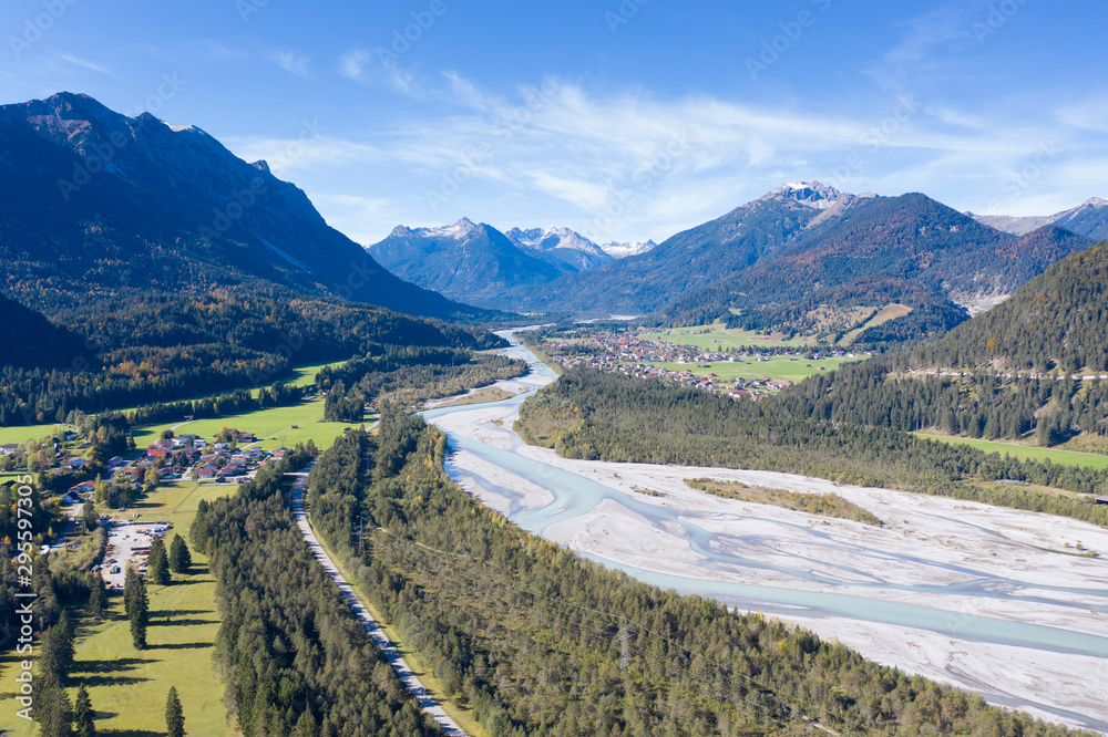 wonderful autumn fall view to lechtal river in austria alps