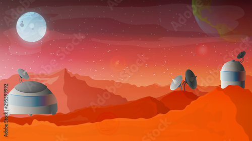 Vector mars colonization. Solar system galaxy exploration red planet terraforming mission concept. Illustration space station. 