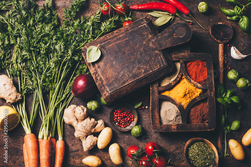 Fototapeta Naklejka Na Ścianę i Meble -  Fresh delicious ingredients for healthy cooking on rustic background