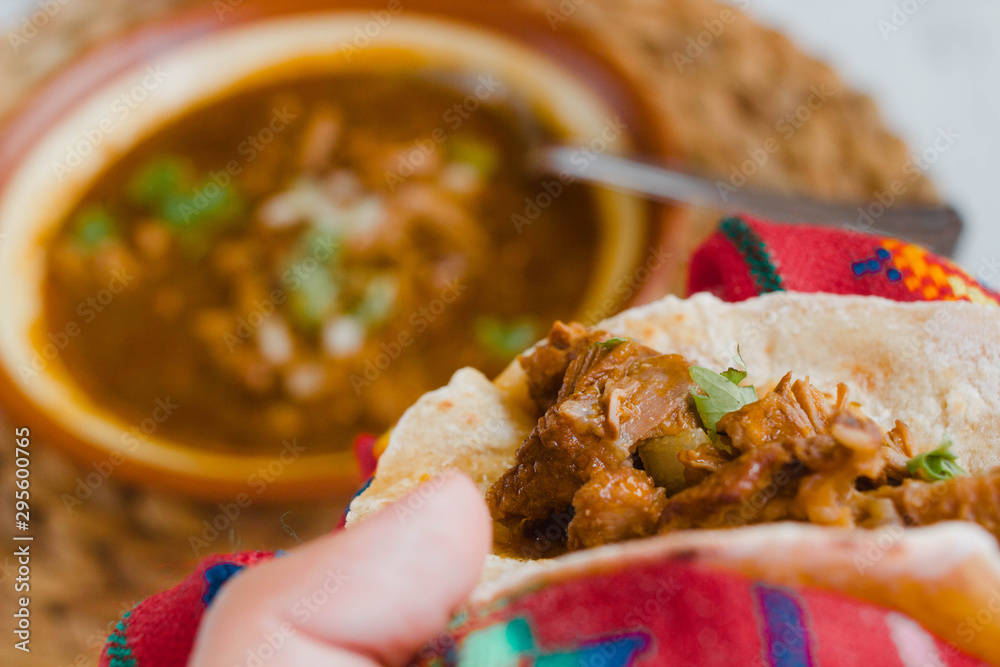 Tortilla filled with birria, tacos de birria are delicious food from