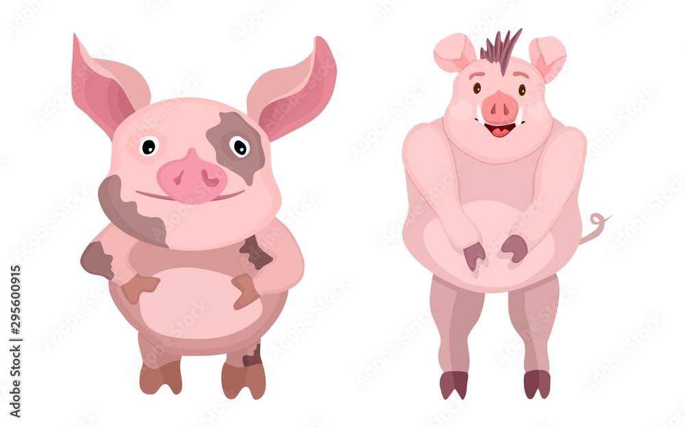 cartoon flat characters. pink bright pigs