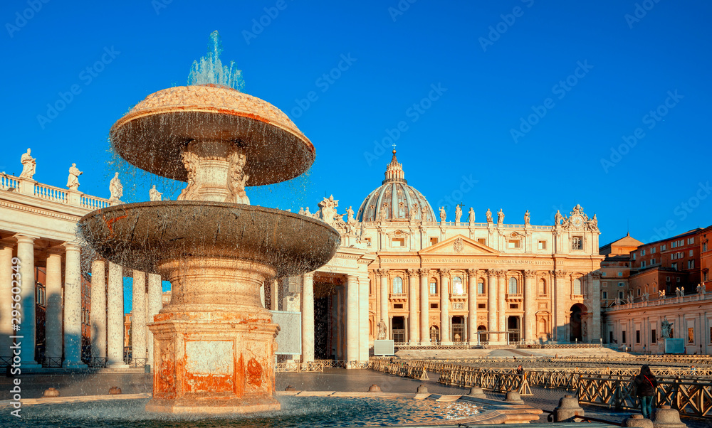 St. Peter's Basilica in Rome. Fountain of St. Peter's Square by Gian Lorenzo Bernini. Rome architecture and landmark. Italian Renaissance church.