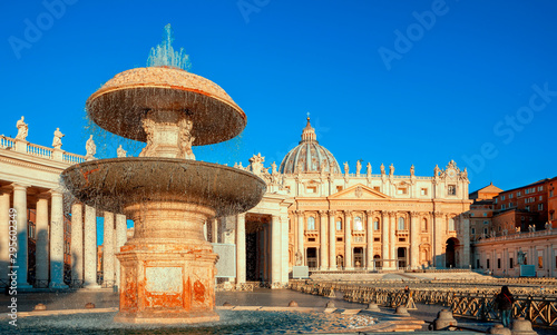 St. Peter's Basilica in Rome. Fountain of St. Peter's Square by Gian Lorenzo Bernini. Rome architecture and landmark. Italian Renaissance church.