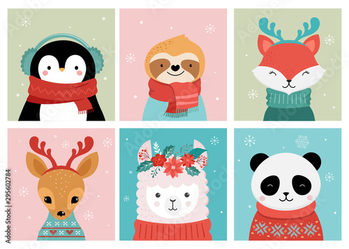 Collection of Christmas cute animals, Merry Christmas illustrations of panda, fox, llama, sloth, cat and dog with winter accessories