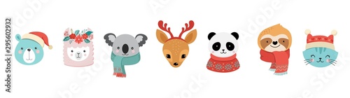 Collection of Christmas cute animals, Merry Christmas illustrations of panda, fox, llama, sloth, cat and dog with winter accessories
