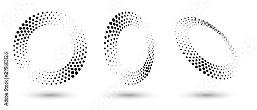 Halftone circle frame, abstract dots logo emblem design element for any project. Round border icon or backgroud. Vector EPS10 illustration. Abstract dotted halftone vector with differents perspective.