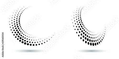 Halftone circle frame, abstract dots logo emblem design element for any project. Round border icon or backgroud. Vector EPS10 illustration. Abstract dotted halftone vector with differents perspective.