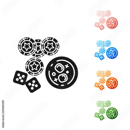Black Casino chips, game dice and glass of whiskey with ice cubes icon isolated on white background. Casino poker. Set icons colorful. Vector Illustration