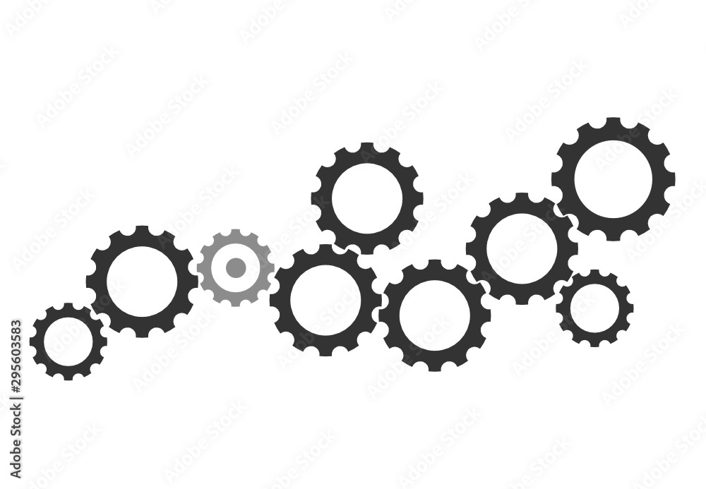A group of black gears in various sizes isolated on grey background. Concept of industrial, engineering, factory, process, machine and etc. There’s a copy space for your text. A group of black gears in various sizes isolated on grey background. Concept of industrial, engineering, factory, process, machine and etc. There’s a copy space for your text.