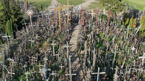 Lithuanian pilgrimage site iconic hill of crosses, aerial view