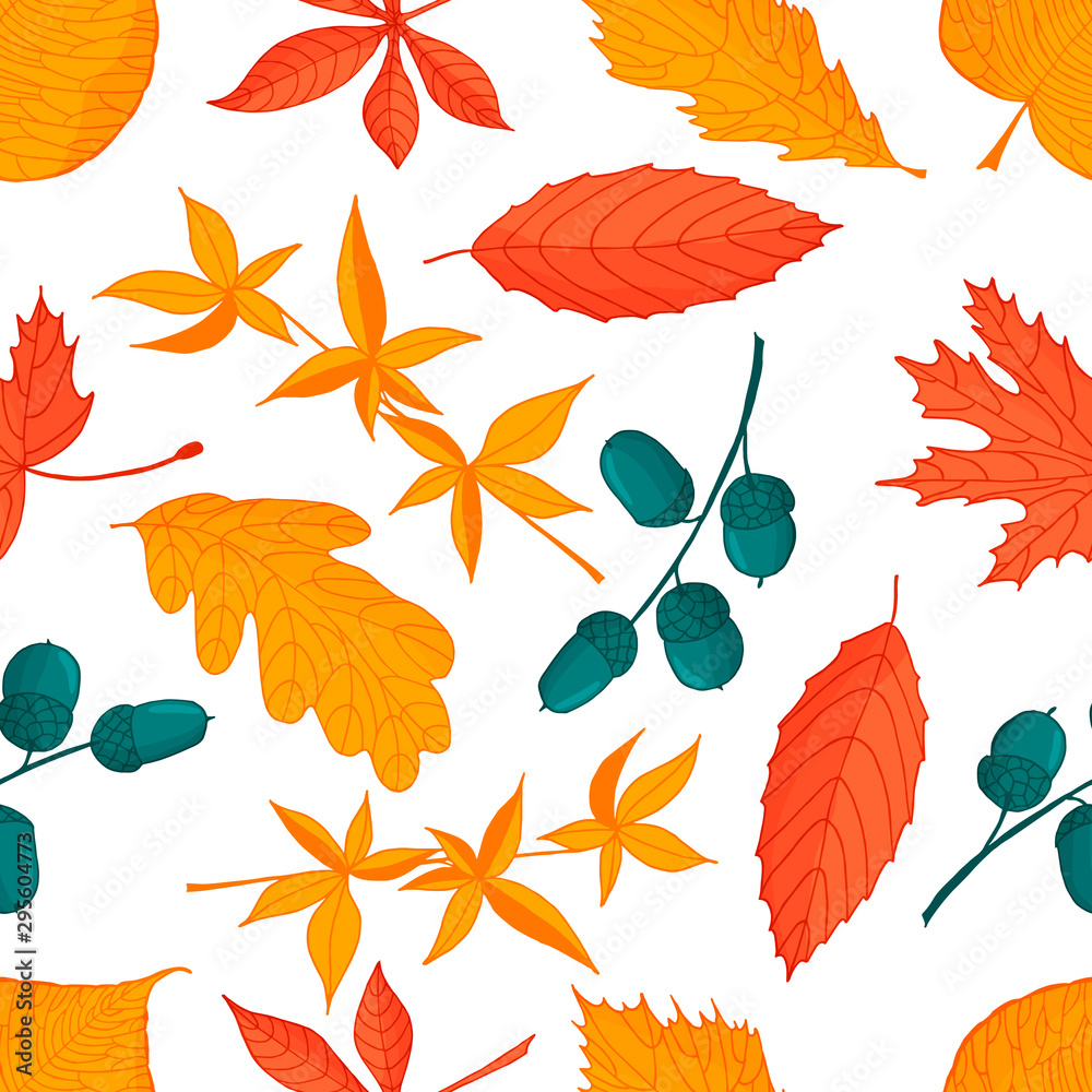 Autumn leaves seampless pattern. Hand drawn vector illustration.