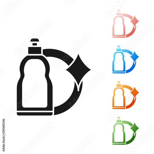 Black Plastic bottle for liquid laundry detergent, bleach, dishwashing liquid or another cleaning agent icon isolated on white background. Set icons colorful. Vector Illustration