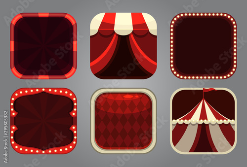 Square app icons in circus style. Festive frames.
