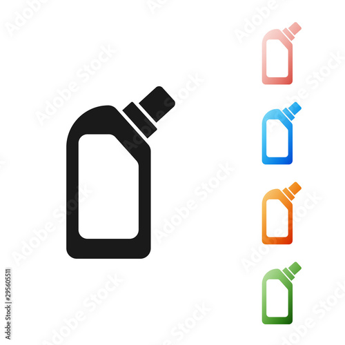 Black Plastic bottle for liquid laundry detergent, bleach, dishwashing liquid or another cleaning agent icon isolated on white background. Set icons colorful. Vector Illustration