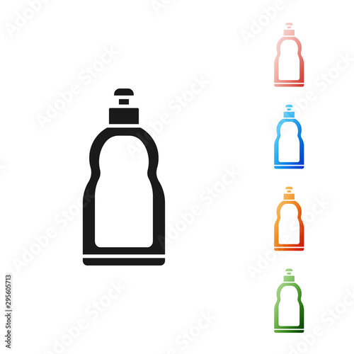 Black Plastic bottle for liquid laundry detergent, bleach, dishwashing liquid or another cleaning agent icon isolated on white background. Set icons colorful. Vector Illustration