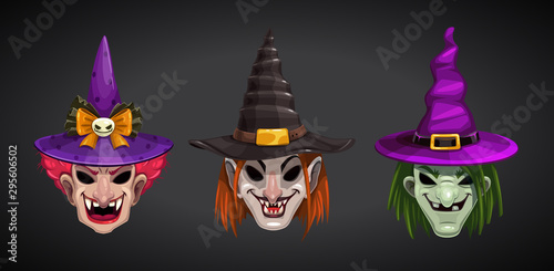 Cartoon witches faces on dark background. Creepy Halloween witch masks set.