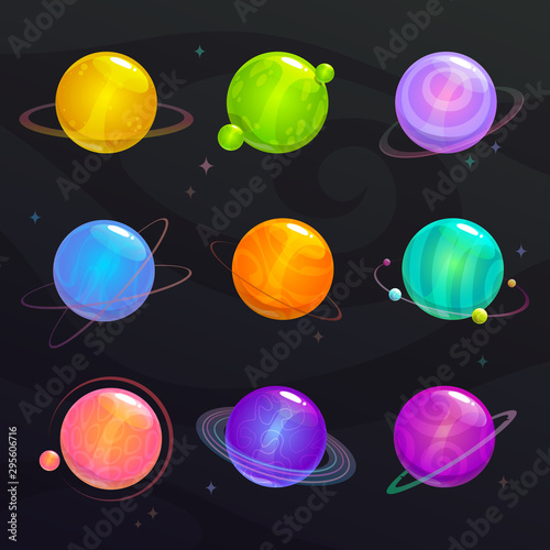 Cute colorful glossy planets. Fantsy colorful assets for game design.