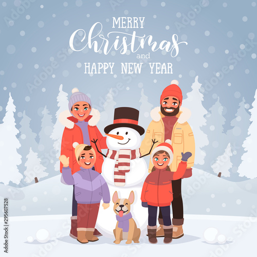 Merry Christmas and New Year greeting card with the inscription. Family with a snowman on the background