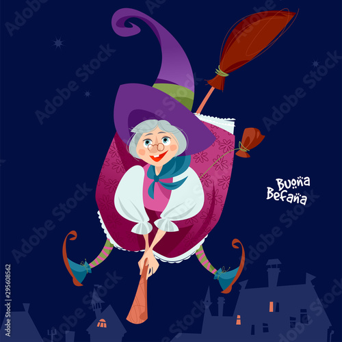Befana. Old woman flying on a broomstick. Italian Christmas tradition. photo