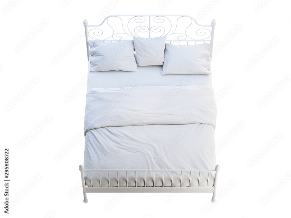 Scandinavian double metal frame bed with white linen. 3d render Scandinavian double metal frame bed with white linen. 3d render