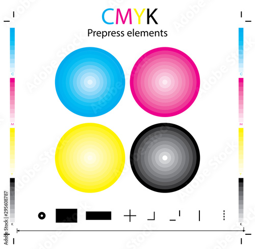 CMYK: Cyan, Magenta, Yellow and K (Black) - the main colors for prepress printing on offset, flexo printing, rotogravure etc. Registration marks, scales from 1% to 100%, marks, etc.