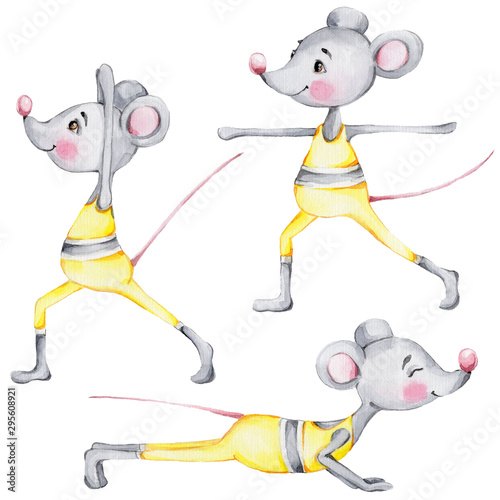 Set with cute cartoon mouses doing yoga  watercolor hand draw illustration  with white isolated background