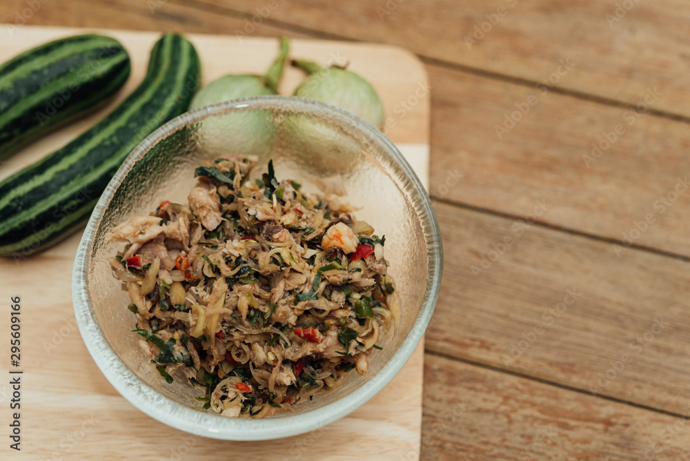 Thai southern spicy Budu salad and herb at market Thai southern spicy Budu salad and herb at market
