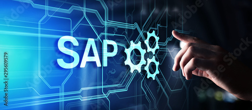 SAP - Business process automation software. ERP enterprise resources planning system concept on virtual screen.