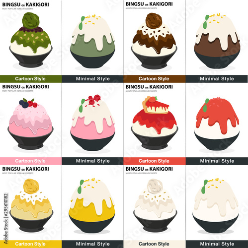 Set of Bingsu or Kakigori most popular dessert korean illustration Vector 
