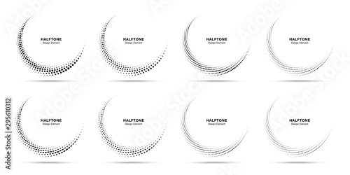 Halftone circle dotted frame circularly distributed set. Abstract dots logo emblem design element. Round border Icon using halftone circle dot pattern. Half tone circular background texture. Vector