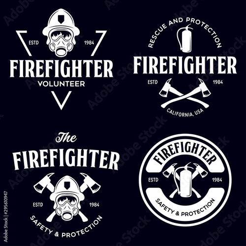 Set of firefighter volunteer, rescue team emblems, labels, badges and logos in monochrome style.