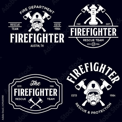 Set of firefighter volunteer, rescue team emblems, labels, badges and logos in monochrome style.