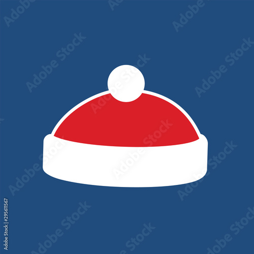 Santa Claus hat flat. Realistic Santa Claus hat isolated blue background. Red funny cap silhouette. Merry Christmas clothes cute simple cartoon design. New year decoration costume. Vector illustration